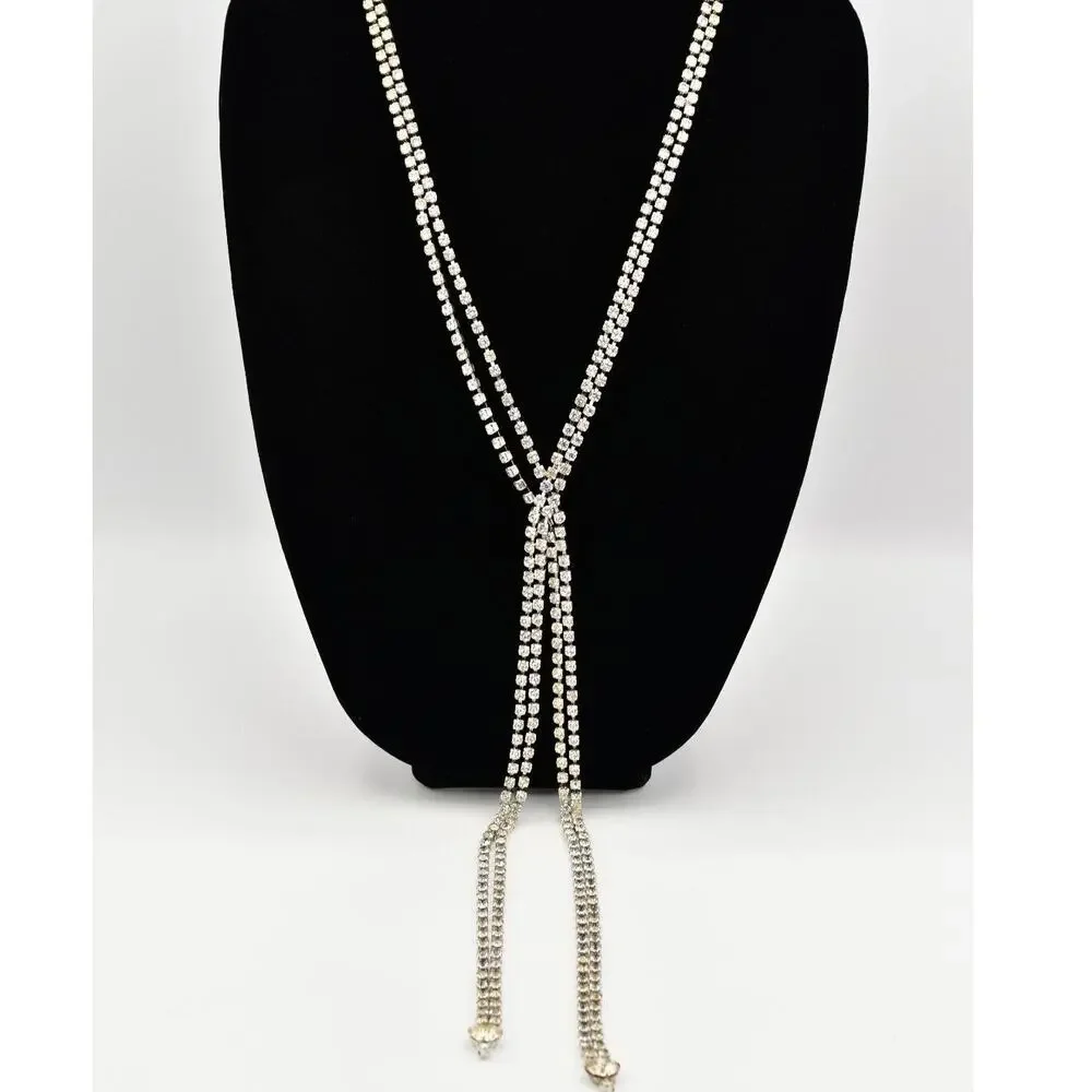 Vintage Crystal Necklace Prong Rhinestone Lariat Tie Wrap Retro Glitz 50s BinA17
